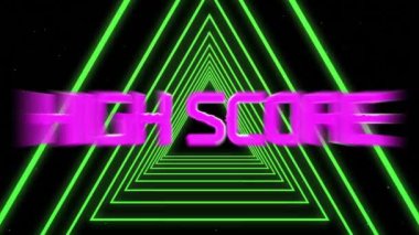 Siyah zemin üzerinde kusursuz bir hareketle neon yeşil üçgenlere karşı mor yüksek skorlu metin. Video oyunu arayüzü ve teknoloji kavramı