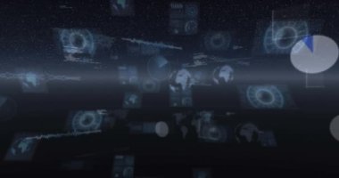 Mavi zemin üzerinde çoklu yuvarlak tarayıcılar ve veri işleme karşı metin finis. bilgisayar arayüzü ve teknoloji kavramı