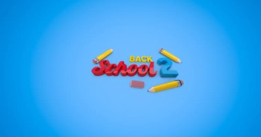 Mavi arkaplanda okula dönüş metninin animasyonu. okul, eğitim ve öğrenim konsepti dijital olarak oluşturulmuş video.