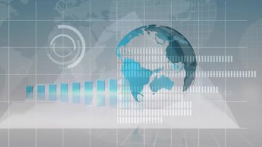 Dünya haritası üzerinde dünya, istatistik ve finansal veri işleme animasyonları. küresel iş, finans, veri işleme ve teknoloji konsepti dijital olarak oluşturulmuş video.