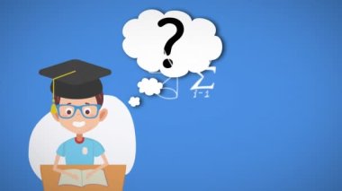 Matematiksel diyagramlara karşı konuşma balonunda ikon değiştiren mezun çocuk ikonu. Okula ve eğitim konseptine dönüş