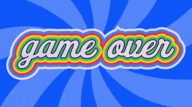 Mavi radyal arkaplan üzerinde gökkuşağı gölge etkisi olan metin üzerinden oyunun dijital animasyonu. Video oyunu arayüzü teknolojisi kavramı