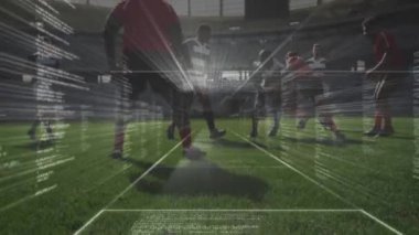 Stadyumdaki ragbi oyuncuları üzerinde veri işleme animasyonu. global spor, fitness ve veri işleme konsepti dijital olarak oluşturulmuş video.