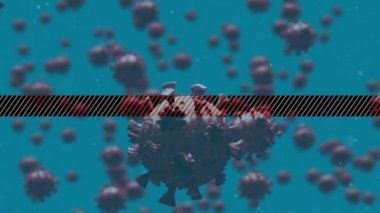 Covid-19 mesaj pankartı ve uyarı işaretleri mavi arka planda yüzen çoklu covid-19 hücrelerine karşı. Coronavirus covid-19 salgın konsepti