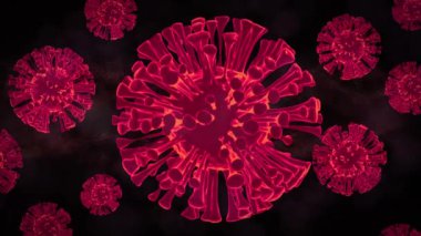 Siyah zemin üzerinde yüzen çoklu kırmızı covid-19 hücrelerinin dijital animasyonu. Coronavirus covid-19 salgın konsepti