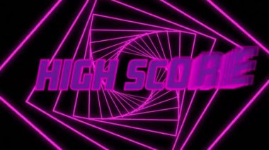 Pembe karelere karşı mor yüksek skorlu metin siyah arkaplanda kusursuz bir hareketle dönüyor. Video oyunu arayüzü ve teknoloji kavramı