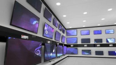 Elektronik mağazasının içinde senkronize video birden fazla televizyon ekranında oynuyor. elektronik ve perakende ticaret teknolojisi kavramı