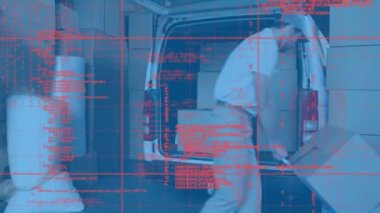 Kutuları karavana yükleyen teslimatçının veri işleme animasyonu. küresel sevkiyat, dağıtım ve bağlantılar konsepti dijital olarak oluşturulmuş video.