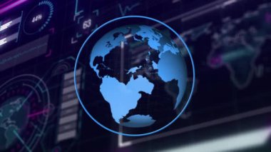 Arayüzde küre ve veri işleme animasyonları. dijital arayüz, iletişim ve teknoloji konsepti dijital olarak oluşturulmuş video.