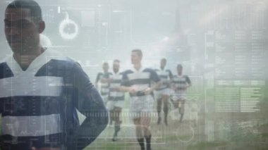 Spor stadyumundaki veri işleme ve ragbi oyuncularının animasyonu. küresel spor ve yarışma konsepti dijital olarak oluşturulmuş video.