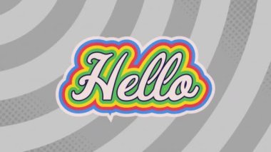 Gri radyal arka planda gökkuşağı gölge efektli merhaba metninin dijital animasyonu. Video oyunu arayüzü teknolojisi kavramı