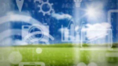 Manzara üzerinde yüzen kablosuz internet ve dijital simgelerin animasyonu. küresel çevrimiçi dijital arayüz, iletişim ve arayüz kavramı dijital olarak oluşturulmuş video.