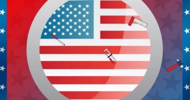 Aletler ve Amerikan bayrağı üzerine Mutlu İşçi Bayramı metinleri. Vatanseverlik ve kutlama konsepti dijital olarak oluşturulmuş video.
