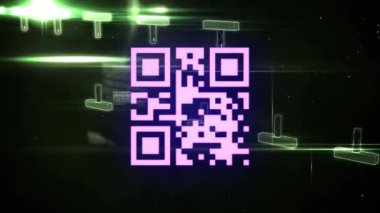 Siyah zemin üzerinde DNA yapısı ve veri işlemesine karşı neon qr kodunun dijital animasyonu. barkod tanımlama ve teknoloji kavramı