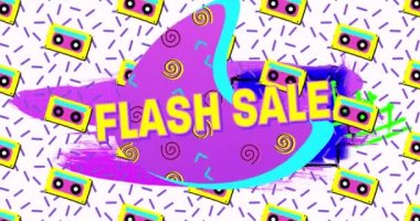 Parlak renkli retro kaset kalıplarının üzerinde sarı harflerle satılan satıştan satılan metinlerin animasyonu. alışveriş, perakende ve tasarruf konsepti dijital olarak oluşturulmuş video.