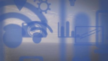 Manzara üzerinde yüzen dijital simgelerin animasyonu. küresel çevrimiçi dijital arayüz, iletişim ve arayüz kavramı dijital olarak oluşturulmuş video.