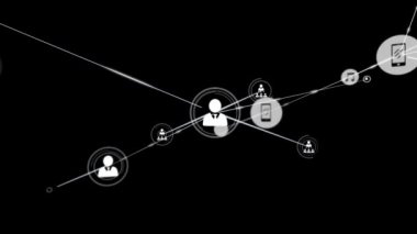 Siyah arkaplan üzerindeki simgelerle bağlantı ağlarının animasyonu. küresel bağlantılar, dijital arayüz, dijital olarak oluşturulan veri işleme konsepti.