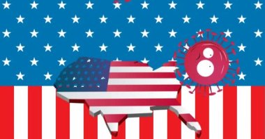 Amerika haritasının üzerindeki koronavirüs hücrelerinin animasyonu Amerikan bayrağıyla renklendirildi. Covid 19 Coronavirus salgını sırasında dijital olarak üretilen görüntü.