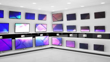 Elektronik mağazasının içinde senkronize video birden fazla televizyon ekranında oynuyor. elektronik ve perakende ticaret teknolojisi kavramı