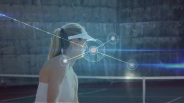 Tenis kortundaki bayan tenisçi üzerinden bağlantı ağının animasyonu. global spor, fitness ve veri işleme konsepti dijital olarak oluşturulmuş video.