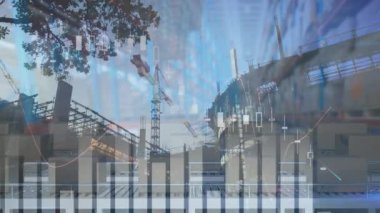 Depodaki taşıma bantlarındaki kutuların üzerinden finansal veri işleme animasyonu. küresel sevkiyat, dağıtım ve bağlantılar konsepti dijital olarak oluşturulmuş video.