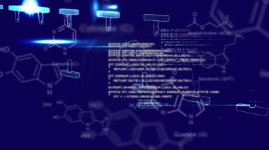 Veri işleme üzerinde dönen DNA iplikçiklerinin canlandırması. Bilim ve araştırma konsepti dijital olarak oluşturulmuş video.