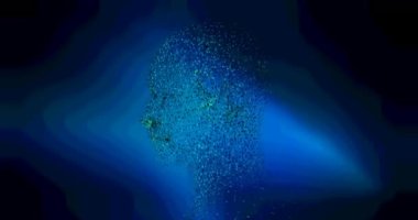 Mavi arka planda dönen insan yüzü modelinin dijital animasyonu. tıbbi araştırma ve bilim teknolojisi kavramı