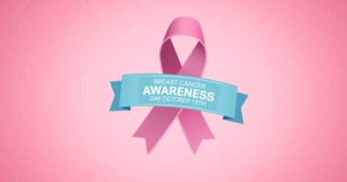 Pembe arka planda beliren pembe kurdele logosu ve göğüs kanseri metninin animasyonu. Göğüs kanseri pozitif farkındalık kampanyası konsepti dijital olarak üretildi.