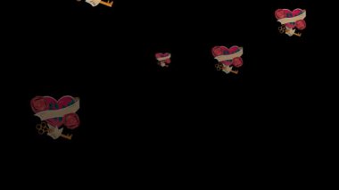 Kırmızı pankarttaki rakamlar birden fazla kalp simgesinin siyah arka plana düşmesi üzerine artıyor. Sosyal medya ağı ve teknoloji kavramı