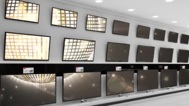 Elektronik mağazasının içinde senkronize video birden fazla televizyon ekranında oynuyor. elektronik ve perakende ticaret teknolojisi kavramı