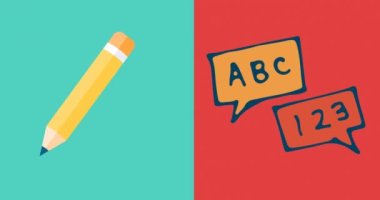 Yeşil ve kırmızı arkaplandaki okul ögeleri simgeleri üzerinden bilim metninin canlandırılması. okul, eğitim ve öğrenim konsepti dijital olarak oluşturulmuş video.