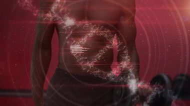 Spor salonunda egzersiz yapan kaslı adamın üzerinde DNA ipliği. global spor, fitness ve veri işleme konsepti dijital olarak oluşturulmuş video.