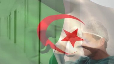 Cezayir bayrağının dijital kompozisyonu hastanede stres altındaki beyaz erkek cerraha karşı. Sağlık ve Tıp Konsepti.