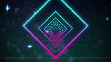 Renkli neon karelerin dijital animasyonları, kusursuz hareketler ve siyah arkaplanda parlayan yıldızlar. Soyut doku ve tasarım ile teknoloji arkaplanı