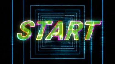 Siyah arkaplan üzerinde pürüzsüz bir hareketle neon mavisi karelere karşı elektirik etkisi. Video oyunu arayüzü ve teknoloji kavramı