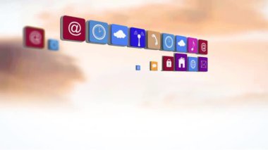 Manzara üzerinde yüzen dijital simge dizilerinin animasyonu. küresel çevrimiçi dijital arayüz, iletişim ve arayüz kavramı dijital olarak oluşturulmuş video.