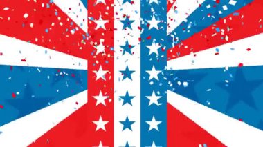 Kırmızı ve mavi konfetilerin düşüşü ve Amerikan bayrağı üzerinde yıldızlar. Vatanseverlik ve kutlama konsepti dijital olarak oluşturulmuş video.