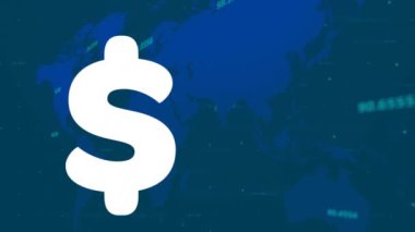 Mavi ve finansal veri işleme ile dolup taşan dolar işareti animasyonu. küresel finans, iş dünyası, dijital arayüz ve teknoloji konsepti dijital olarak oluşturulmuş video.