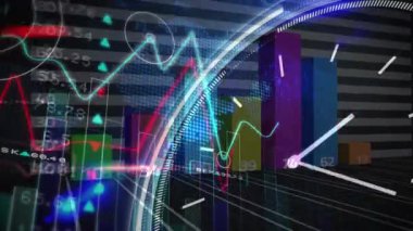 Dünya haritası üzerinde saat, istatistik ve finansal veri işleme animasyonu. küresel iş, finans, veri işleme ve teknoloji konsepti dijital olarak oluşturulmuş video.