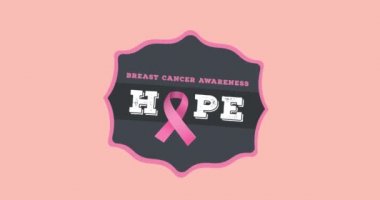 Pembe arka planda beliren pembe kurdele logosu ve göğüs kanseri metninin animasyonu. Göğüs kanseri pozitif farkındalık kampanyası konsepti dijital olarak üretildi.