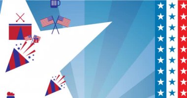 Amerikan bayrağında yıldızların ve şeritlerin arka planında renkli simgelerin canlandırılması. Vatanseverlik ve kutlama konsepti dijital olarak oluşturulmuş video.