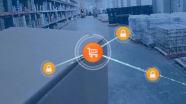 Depoda çalışan adamın üzerindeki simgelerle bağlantı ağının animasyonu. küresel sevkiyat, dağıtım ve bağlantılar konsepti dijital olarak oluşturulmuş video.