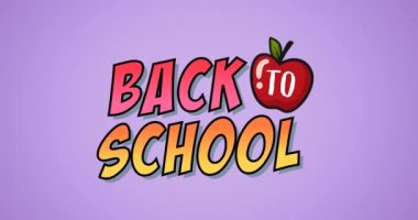 Mor arkaplandaki okula dönüş metninin animasyonu. okul, eğitim ve öğrenim konsepti dijital olarak oluşturulmuş video.