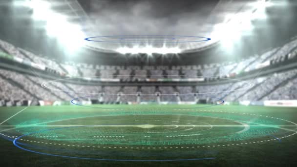 Animação Digital Vários Scanners Redondos Girando Contra Estádio Esportes Segundo — Vídeo de Stock