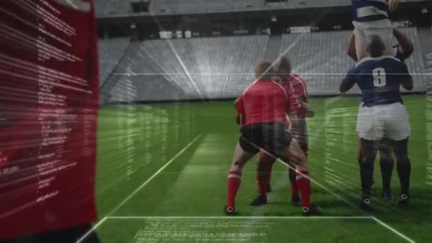 Animazione Dell Elaborazione Dei Dati Sui Giocatori Rugby Allo Stadio — Video Stock