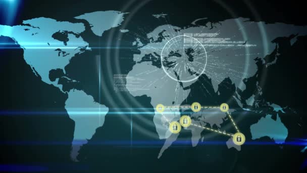 Animação Redes Conexões Com Mapa Mundo Ícones Cadeado Segurança Online — Vídeo de Stock