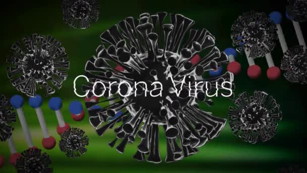 Coronavirus Metni Çoklu Covid Hücreleri Üzerinden Yeşil Arkaplanda Dönen Dna — Stok video