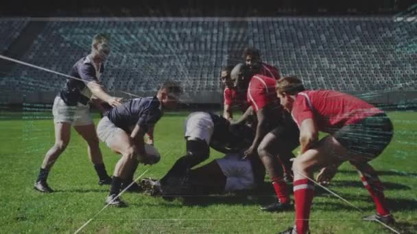Animacja Przetwarzania Danych Nad Zawodnikami Rugby Stadionie Globalna Koncepcja Sportu — Wideo stockowe