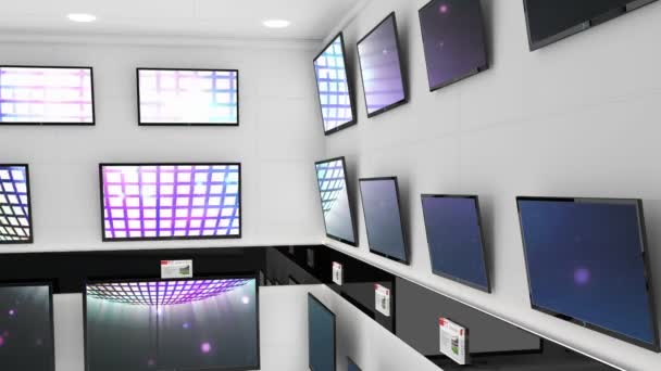 电子设备商店的内部 在多台电视机的屏幕上播放同步视频 电子和零售企业技术概念 — 图库视频影像