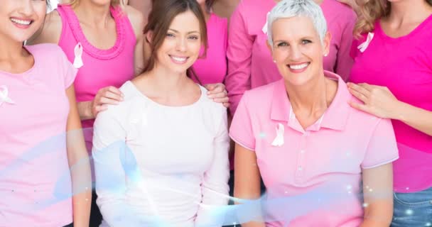 Animation Breast Cancer Text Blue Wave Diverse Group Smiling Women — Stock Video